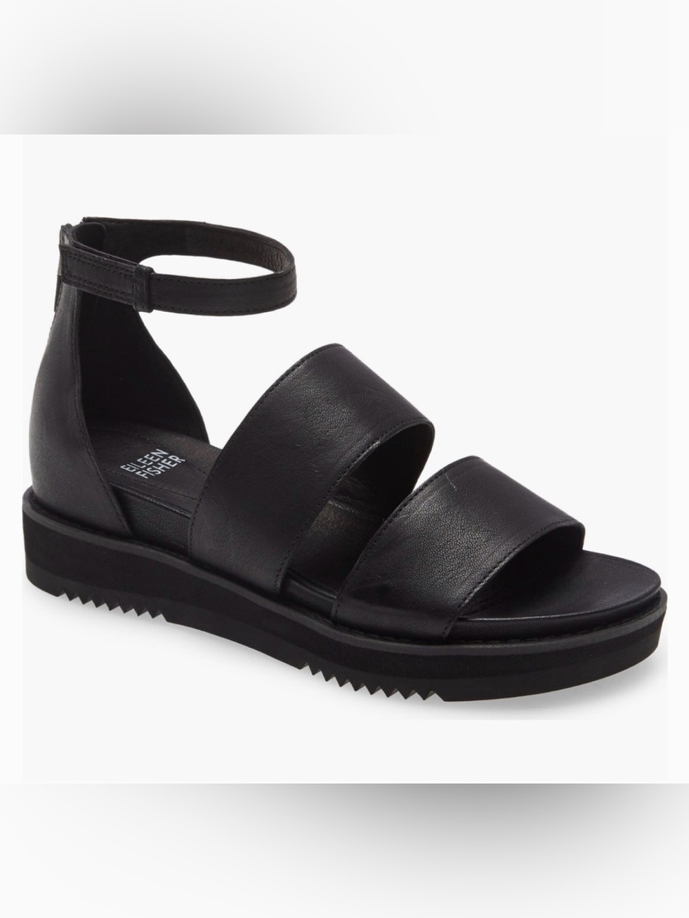 Eileen Fisher Black Leather Keno Double Strap Ankle Sandal Like New 7.5